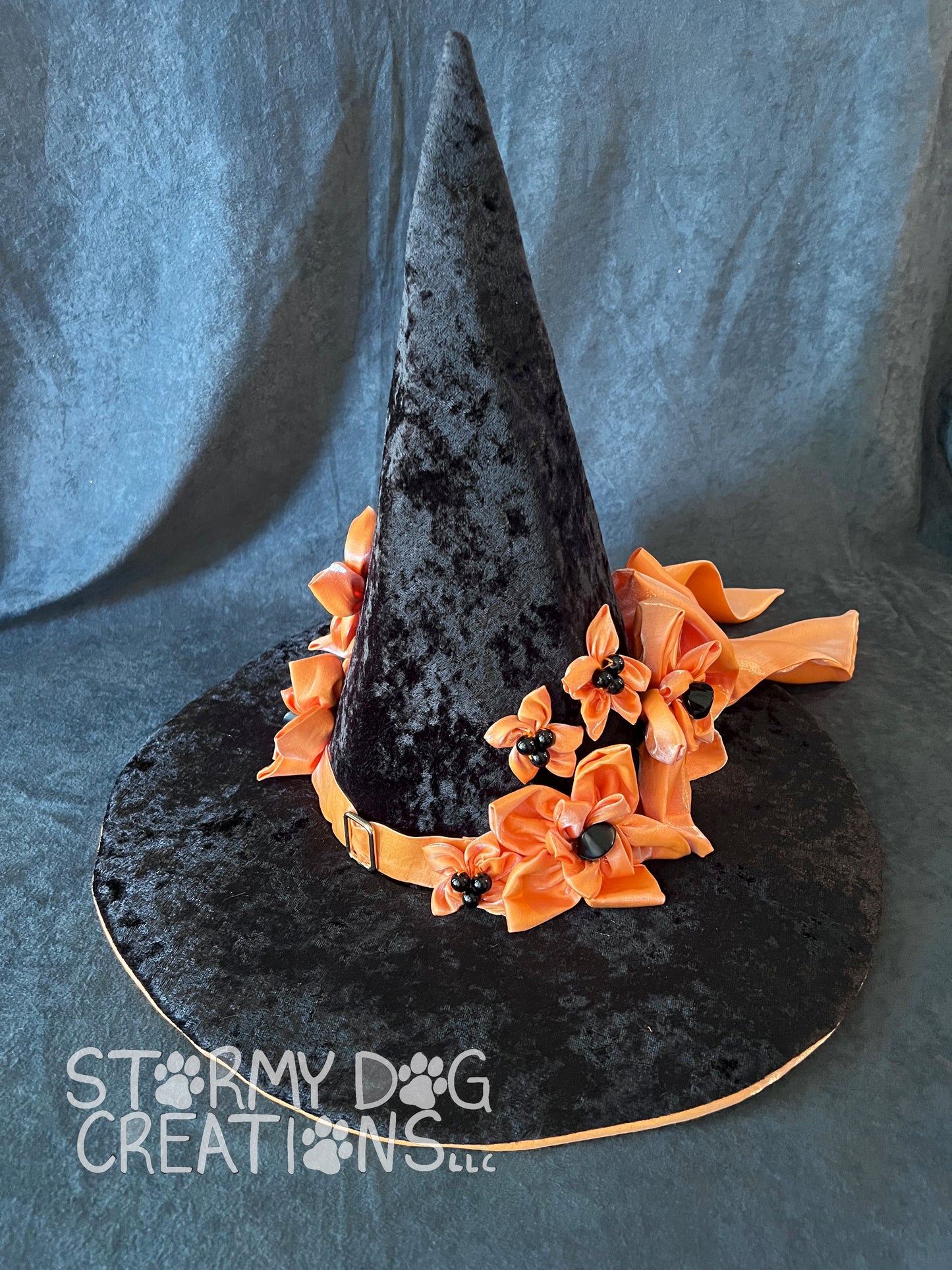 Black Witch Hat with Orange Satin Flowers