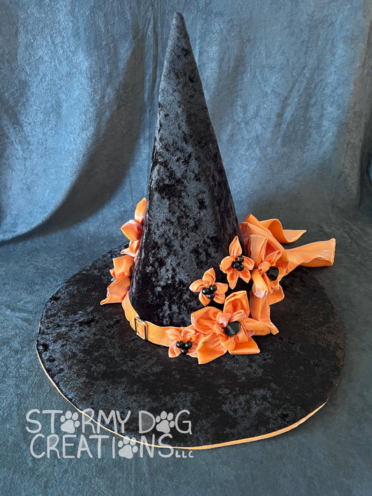 Black Witch Hat with Orange Satin Flowers